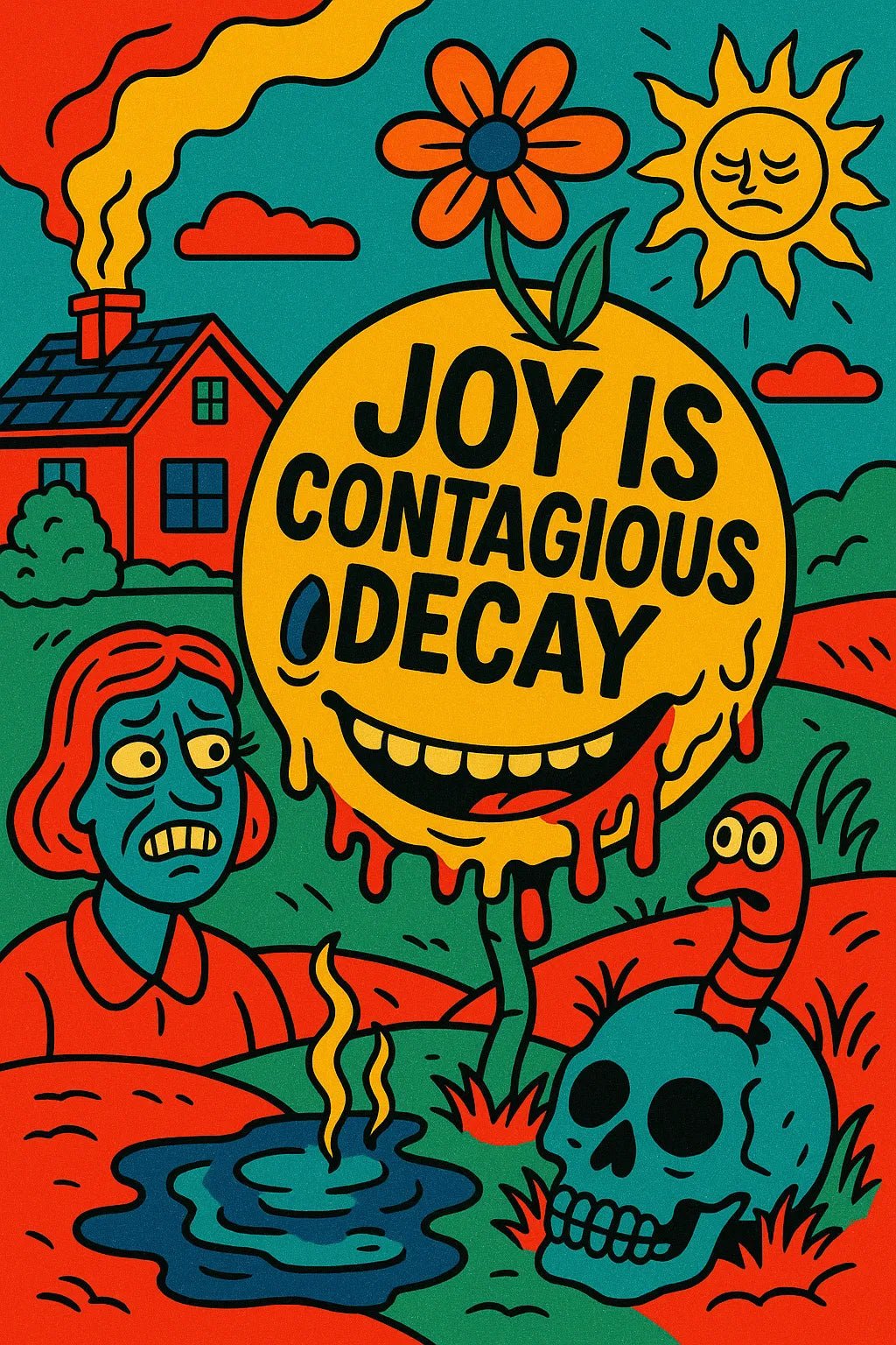 Example output from the Bold PopSurreal Quote Art Posters ChatGPT prompt: Joy is contagious decay.
