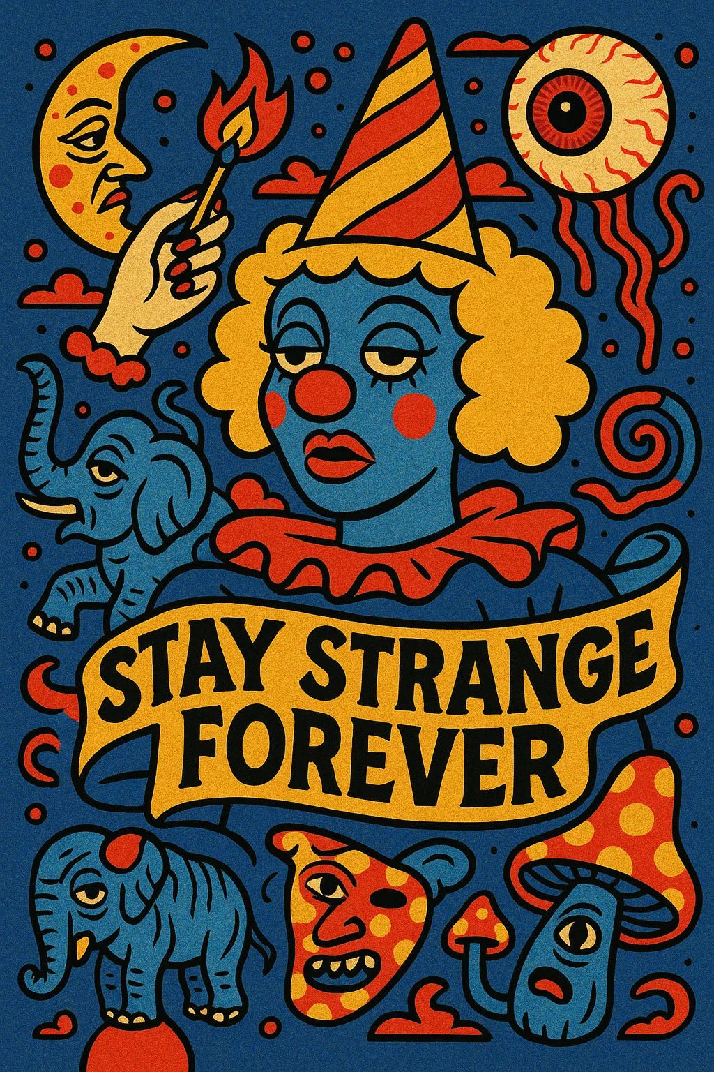 Example output from the Bold PopSurreal Quote Art Posters ChatGPT prompt: Stay strange forever.