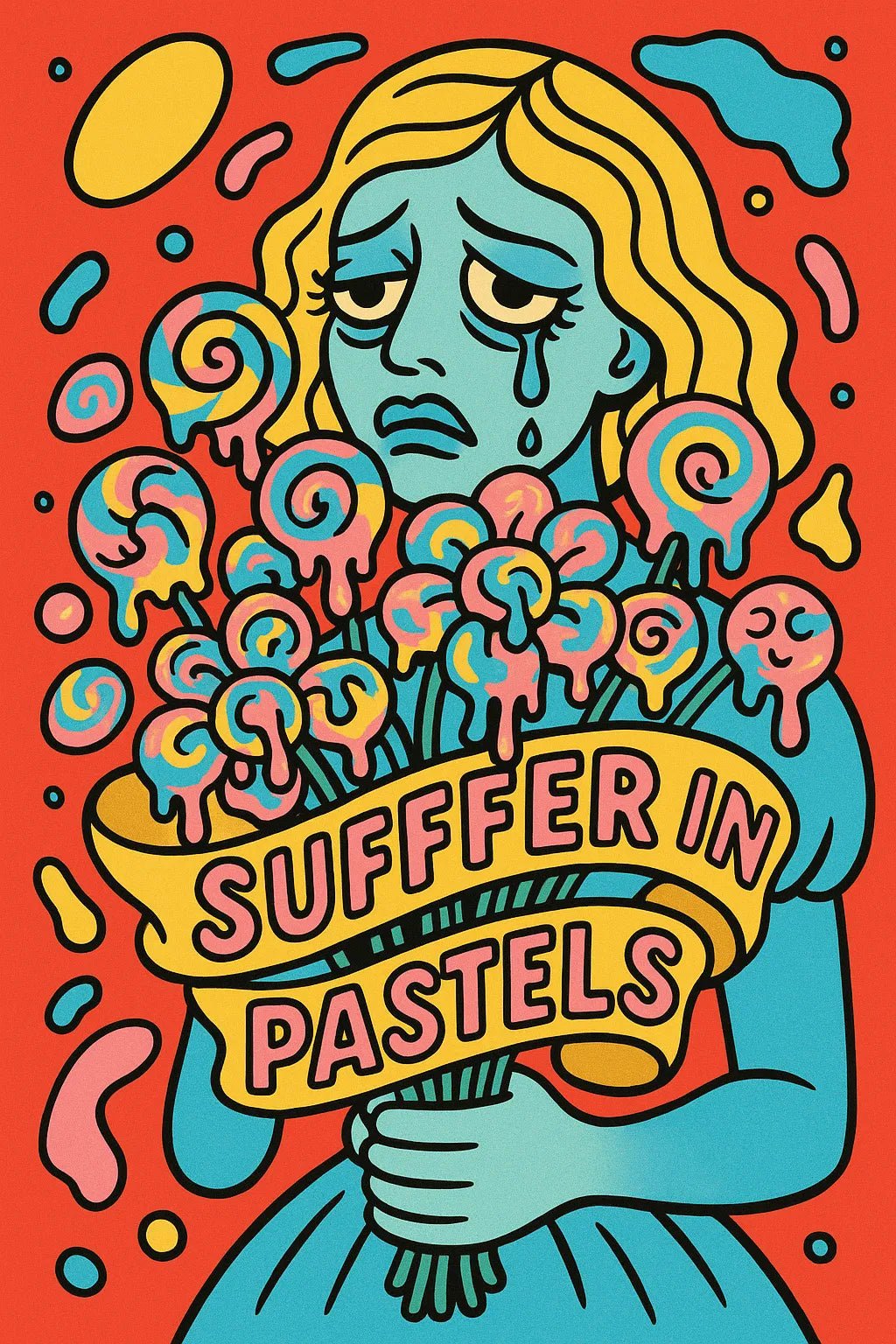 Example output from the Bold PopSurreal Quote Art Posters ChatGPT prompt: Sufffer in pastels.