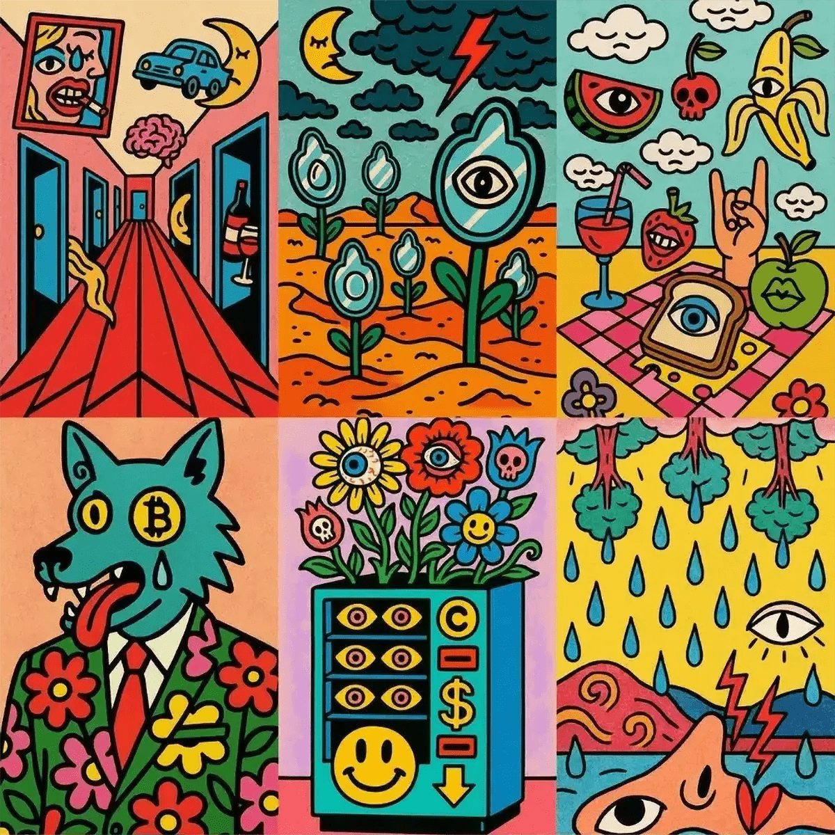 Example output from the Bold Popsurreal Illustrations ChatGPT prompt: vibrant surreal artwork with pop-art flair, featuring symbolic characters, detailed linework, bold colors, and stylized vertical compositions.