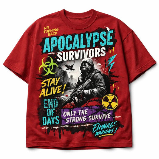 Bold Streetwear Apparel Graphics ChatGPT prompt: oversized streetwear mockup with editorial collage styling, layered typography, asymmetrical layout, and screen-print textures. Apocalypse survivors. Box tee