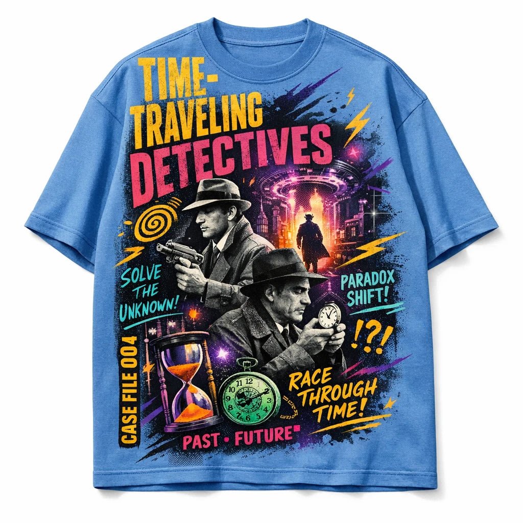 Bold Streetwear Apparel Graphics ChatGPT prompt: oversized streetwear mockup with editorial collage styling, layered typography, asymmetrical layout, and screen-print textures. Time traveling detective. Jersey