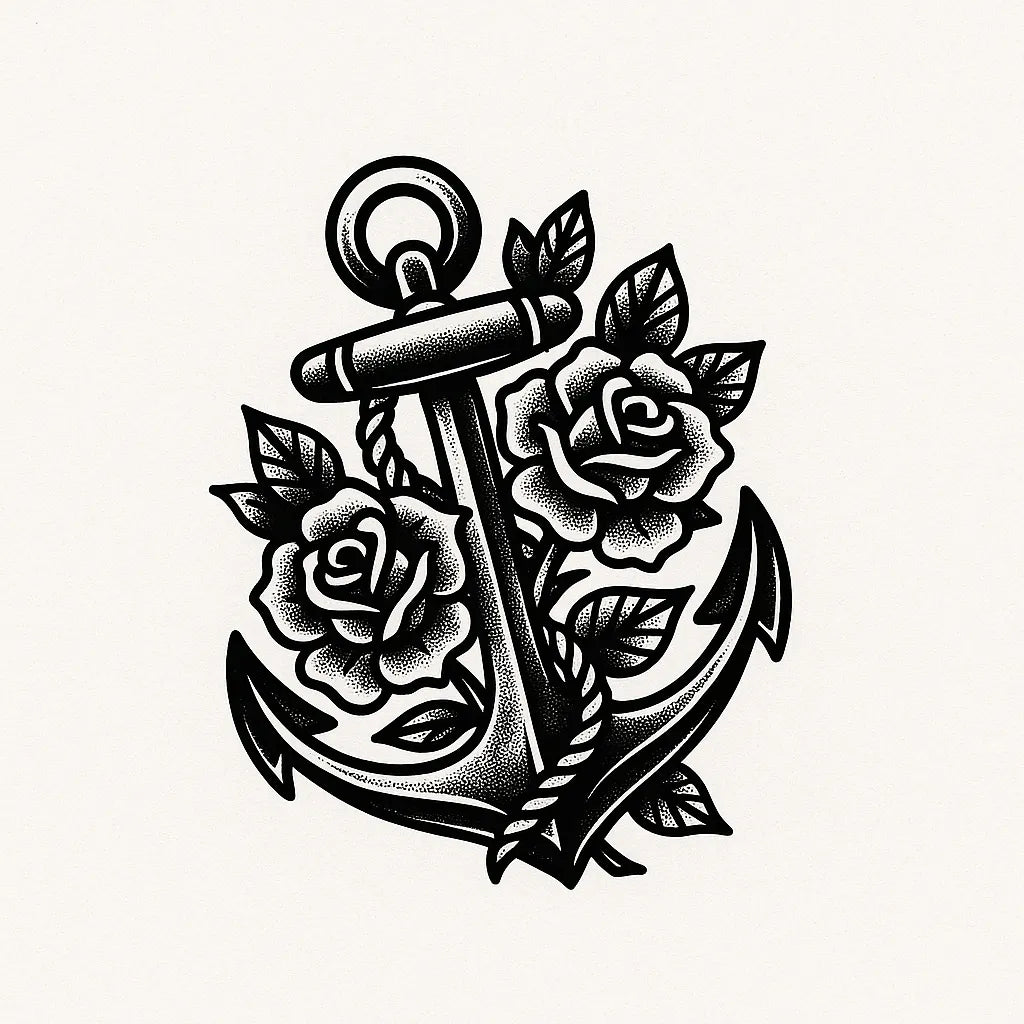 Example output from the Bold Tattoo Style Vector Art ChatGPT prompt: classic black-and-white tattoo flash designs, featuring thick outlines, expressive linework, minimalist layouts, and subtle textured grain on white backgrounds. Anchor & Roses.