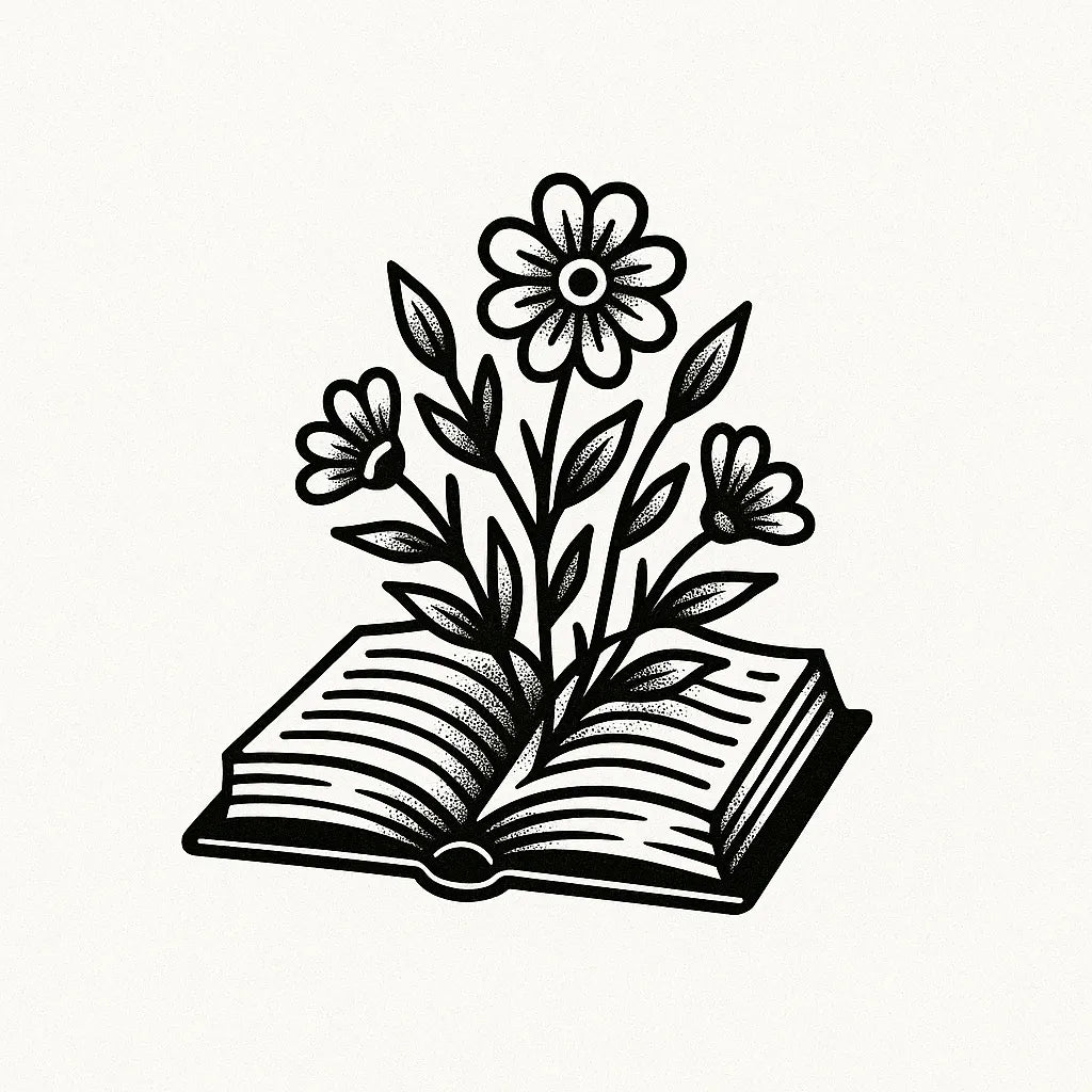 Example output from the Bold Tattoo Style Vector Art ChatGPT prompt: classic black-and-white tattoo flash designs, featuring thick outlines, expressive linework, minimalist layouts, and subtle textured grain on white backgrounds. Book Flower.