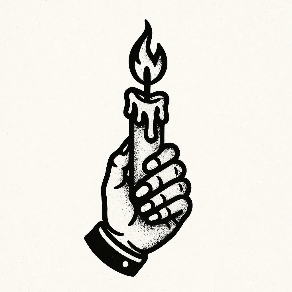 Example output from the Bold Tattoo Style Vector Art ChatGPT prompt: classic black-and-white tattoo flash designs, featuring thick outlines, expressive linework, minimalist layouts, and subtle textured grain on white backgrounds. Burning Candle.