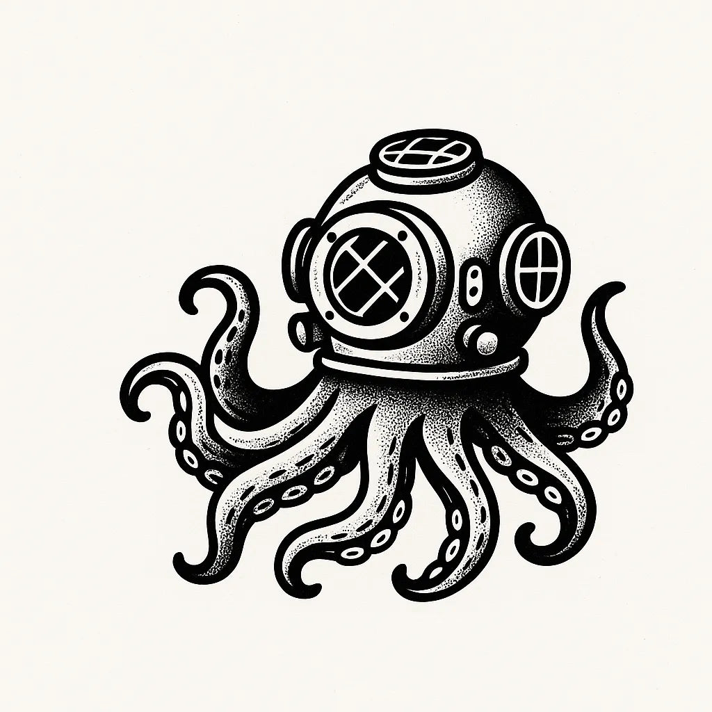 Example output from the Bold Tattoo Style Vector Art ChatGPT prompt: classic black-and-white tattoo flash designs, featuring thick outlines, expressive linework, minimalist layouts, and subtle textured grain on white backgrounds. Octopus.