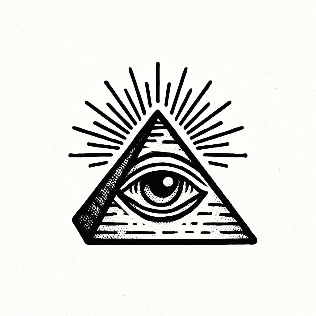 Example output from the Bold Tattoo Style Vector Art ChatGPT prompt: classic black-and-white tattoo flash designs, featuring thick outlines, expressive linework, minimalist layouts, and subtle textured grain on white backgrounds. Pyramid.