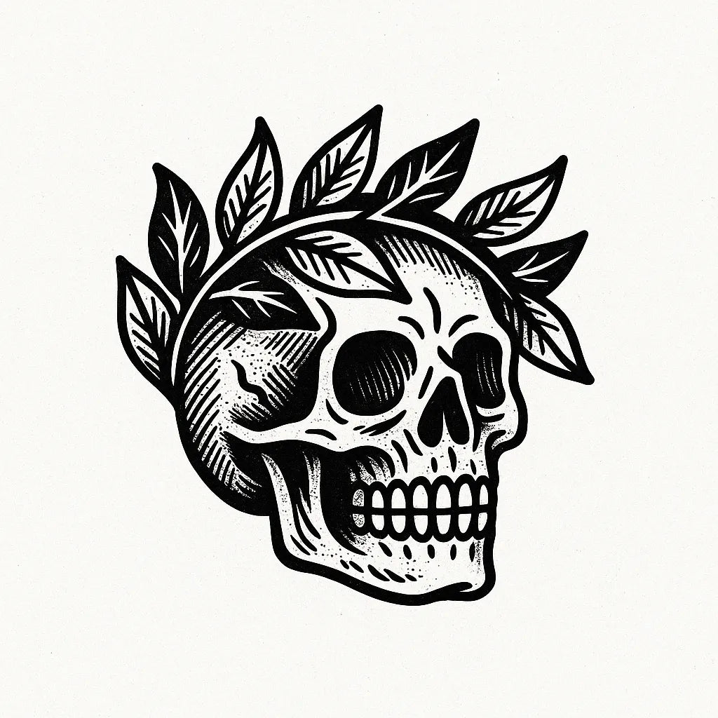 Example output from the Bold Tattoo Style Vector Art ChatGPT prompt: classic black-and-white tattoo flash designs, featuring thick outlines, expressive linework, minimalist layouts, and subtle textured grain on white backgrounds. Skull.