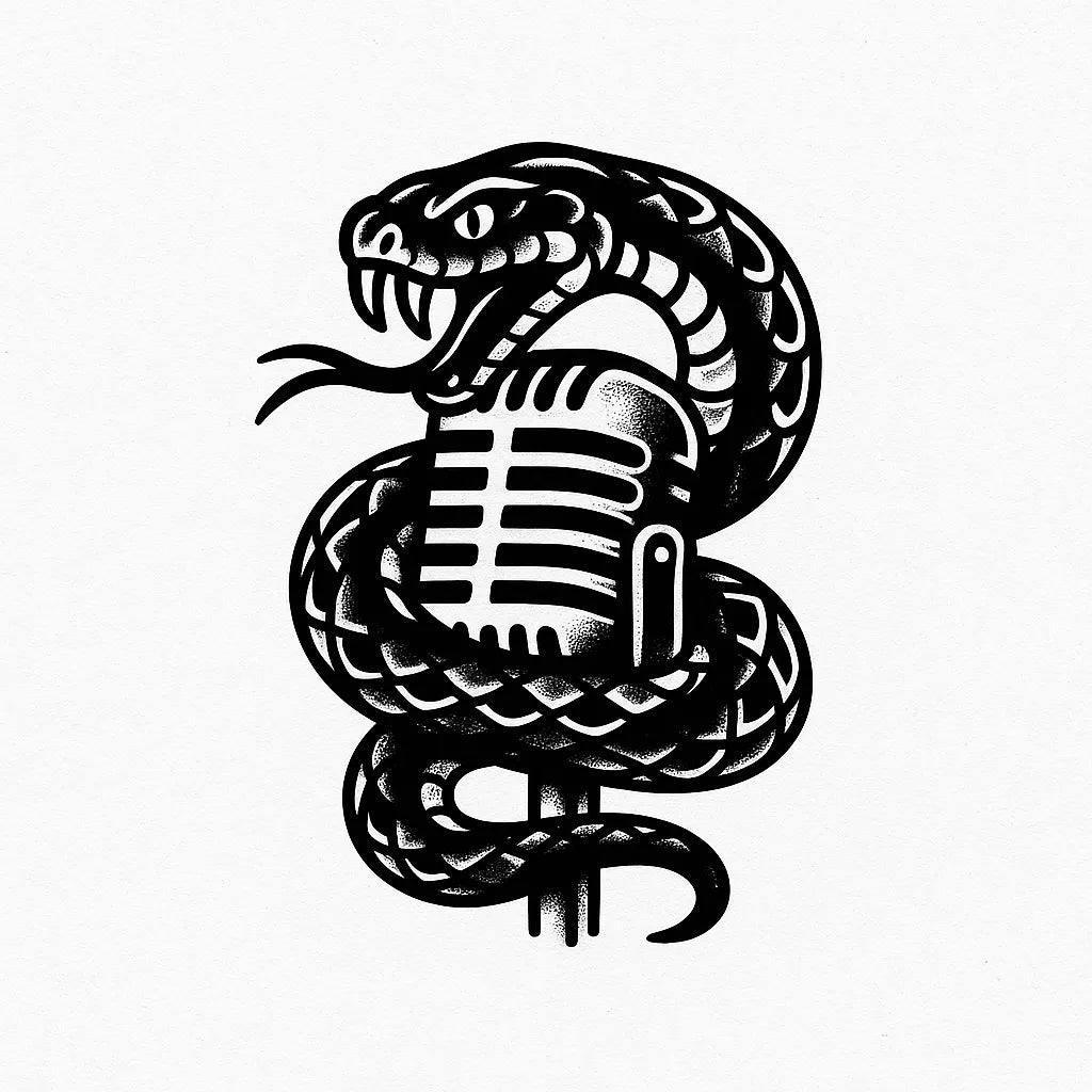 Example output from the Bold Tattoo Style Vector Art ChatGPT prompt: classic black-and-white tattoo flash designs, featuring thick outlines, expressive linework, minimalist layouts, and subtle textured grain on white backgrounds. Snake.