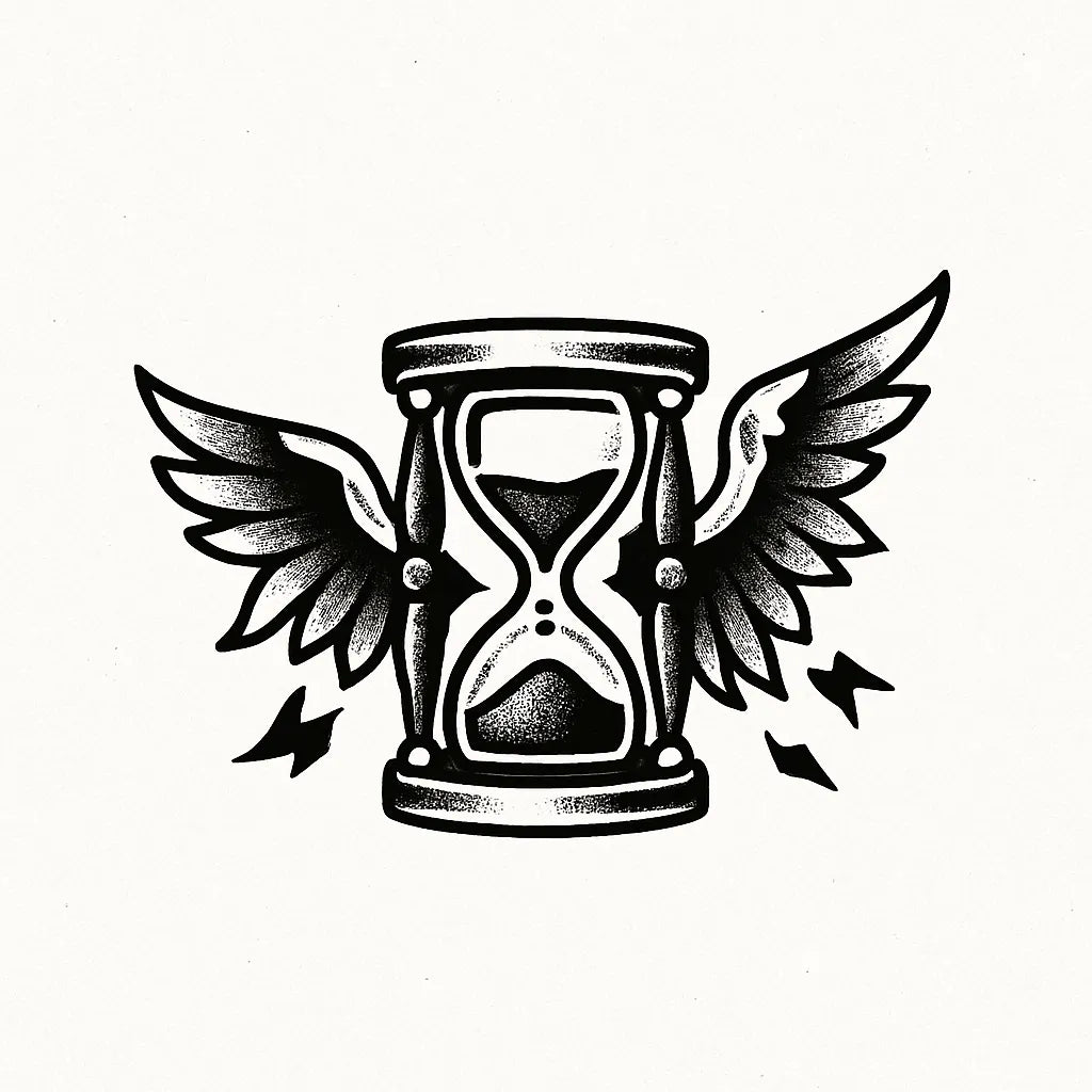 Example output from the Bold Tattoo Style Vector Art ChatGPT prompt: classic black-and-white tattoo flash designs, featuring thick outlines, expressive linework, minimalist layouts, and subtle textured grain on white backgrounds. Time.