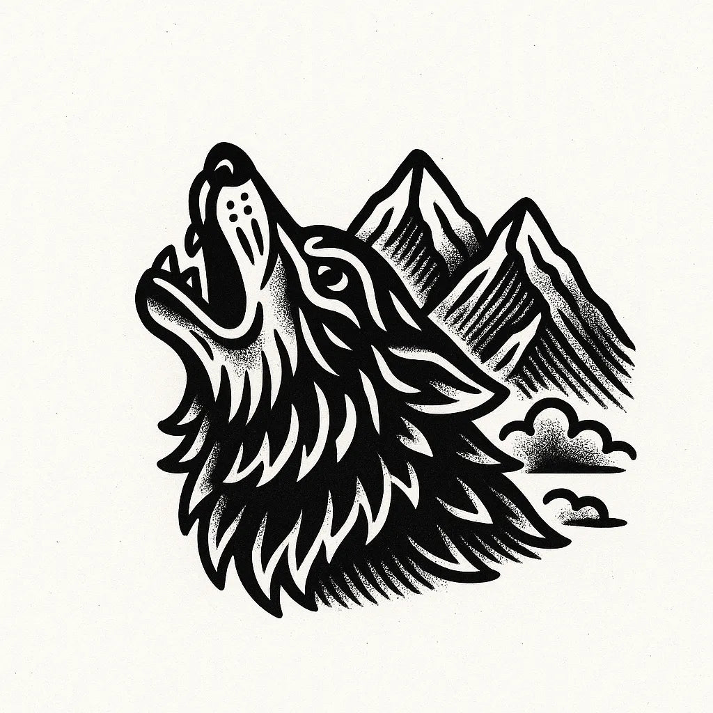 Example output from the Bold Tattoo Style Vector Art ChatGPT prompt: classic black-and-white tattoo flash designs, featuring thick outlines, expressive linework, minimalist layouts, and subtle textured grain on white backgrounds. Wolf.