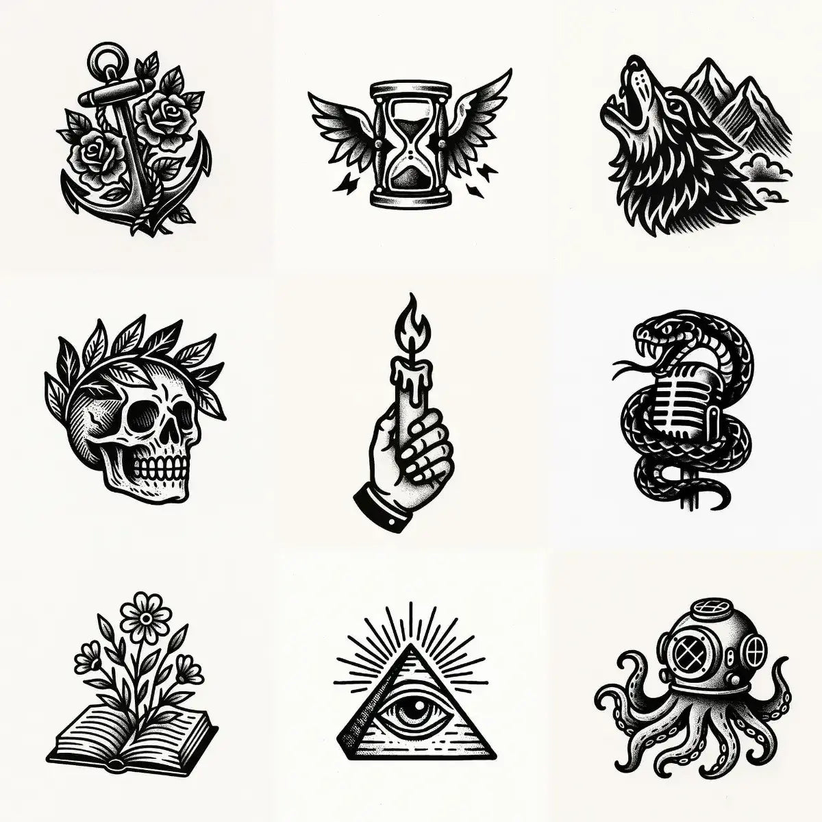 Example output from the Bold Tattoo Style Vector Art ChatGPT prompt: classic black-and-white tattoo flash designs, featuring thick outlines, expressive linework, minimalist layouts, and subtle textured grain on white backgrounds.