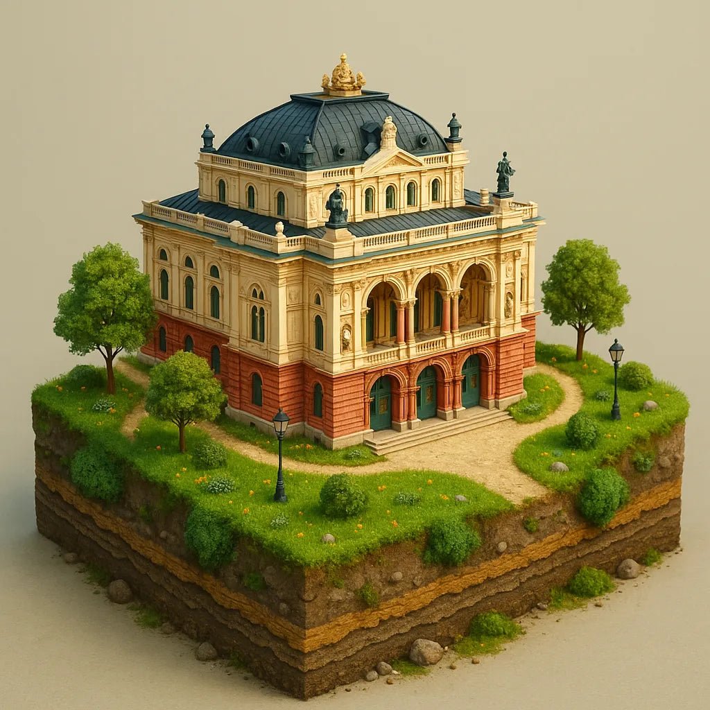 Example output of bright 3D realistic diorama building render generated by a ChatGPT prompt template, showcasing colorful miniature architectural scene: Baroque Opera House.