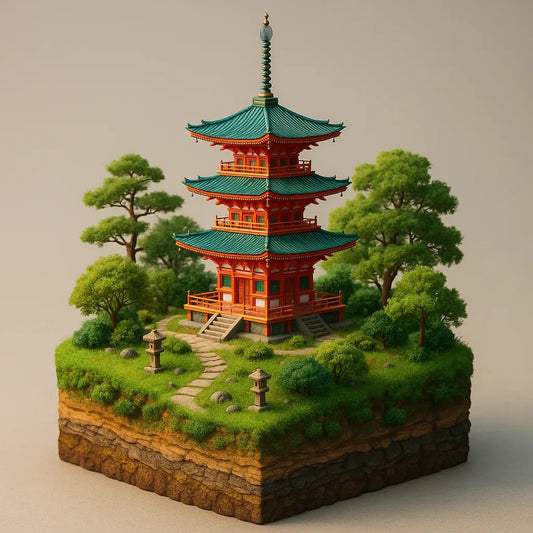 Example output of bright 3D realistic diorama building render generated by a ChatGPT prompt template, showcasing colorful miniature architectural scene: Japanese Pagoda.