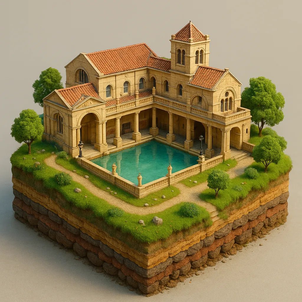 Example output of bright 3D realistic diorama building render generated by a ChatGPT prompt template, showcasing colorful miniature architectural scene: Roman Bath House.