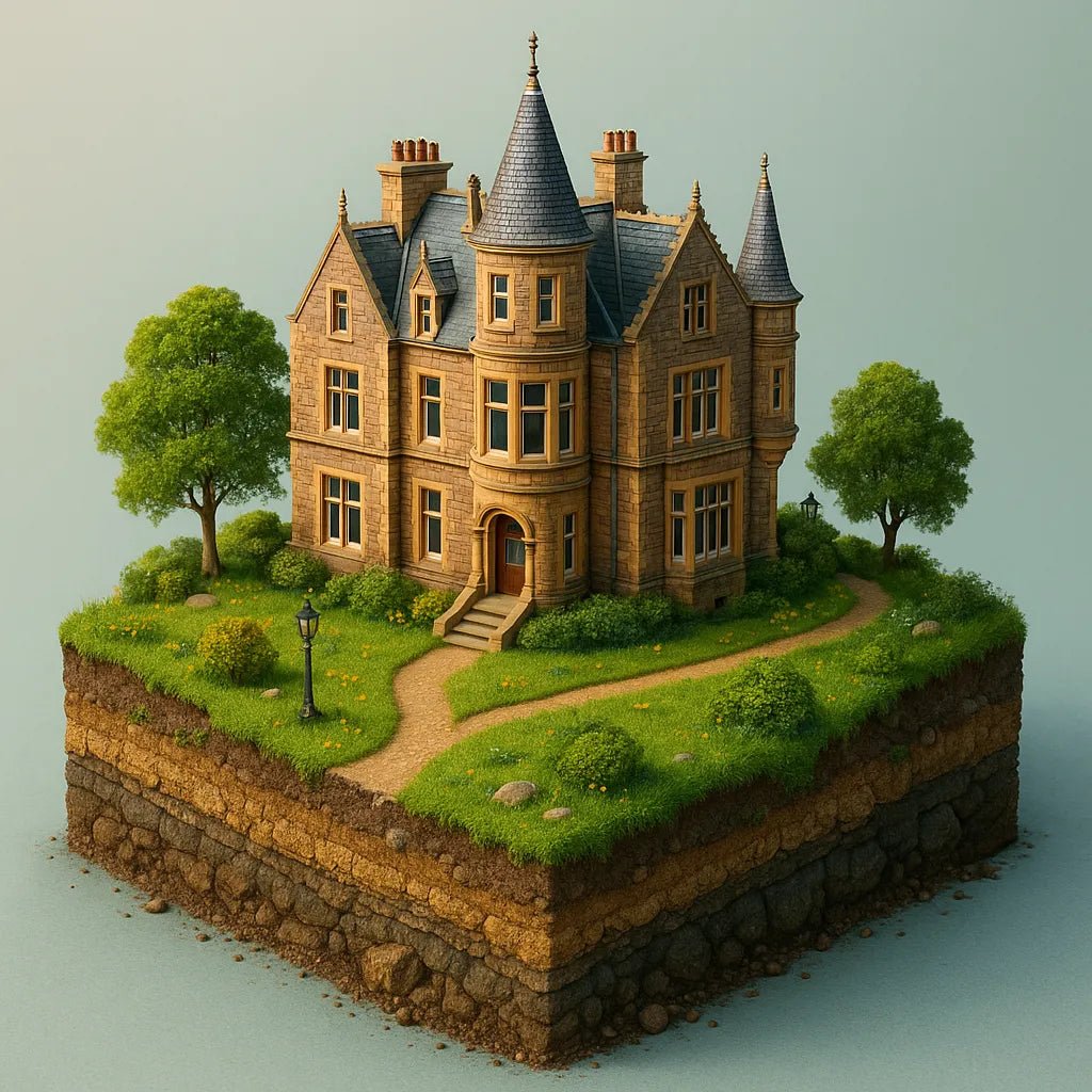 Example output of bright 3D realistic diorama building render generated by a ChatGPT prompt template, showcasing colorful miniature architectural scene: Victorian Mansion.