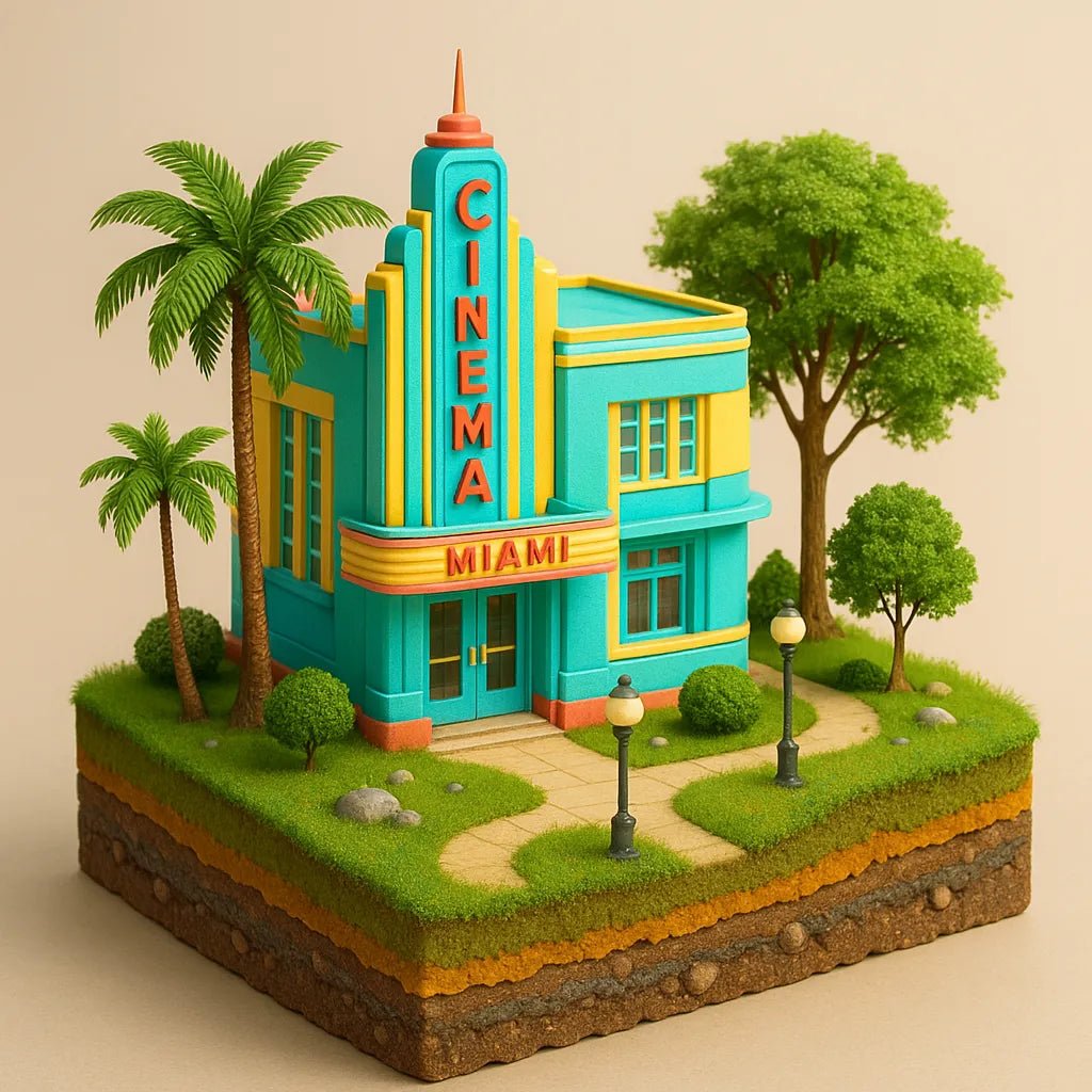 Example output of bright 3D realistic diorama building render generated by a ChatGPT prompt template, showcasing colorful miniature architectural scene: Art Deco Cinema.