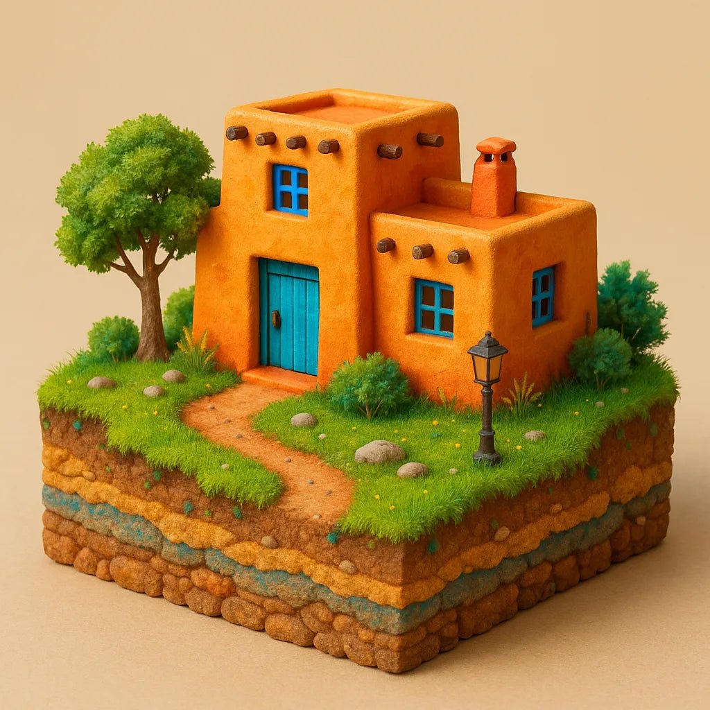 Example output of bright 3D realistic diorama building render generated by a ChatGPT prompt template, showcasing colorful miniature architectural scene: Desert Adobe House.