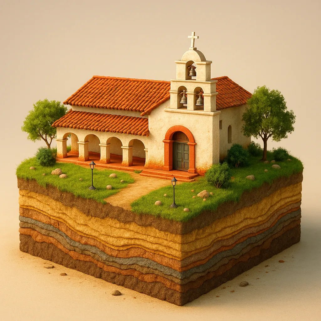 Example output of bright 3D realistic diorama building render generated by a ChatGPT prompt template, showcasing colorful miniature architectural scene: Desert Mission Church.