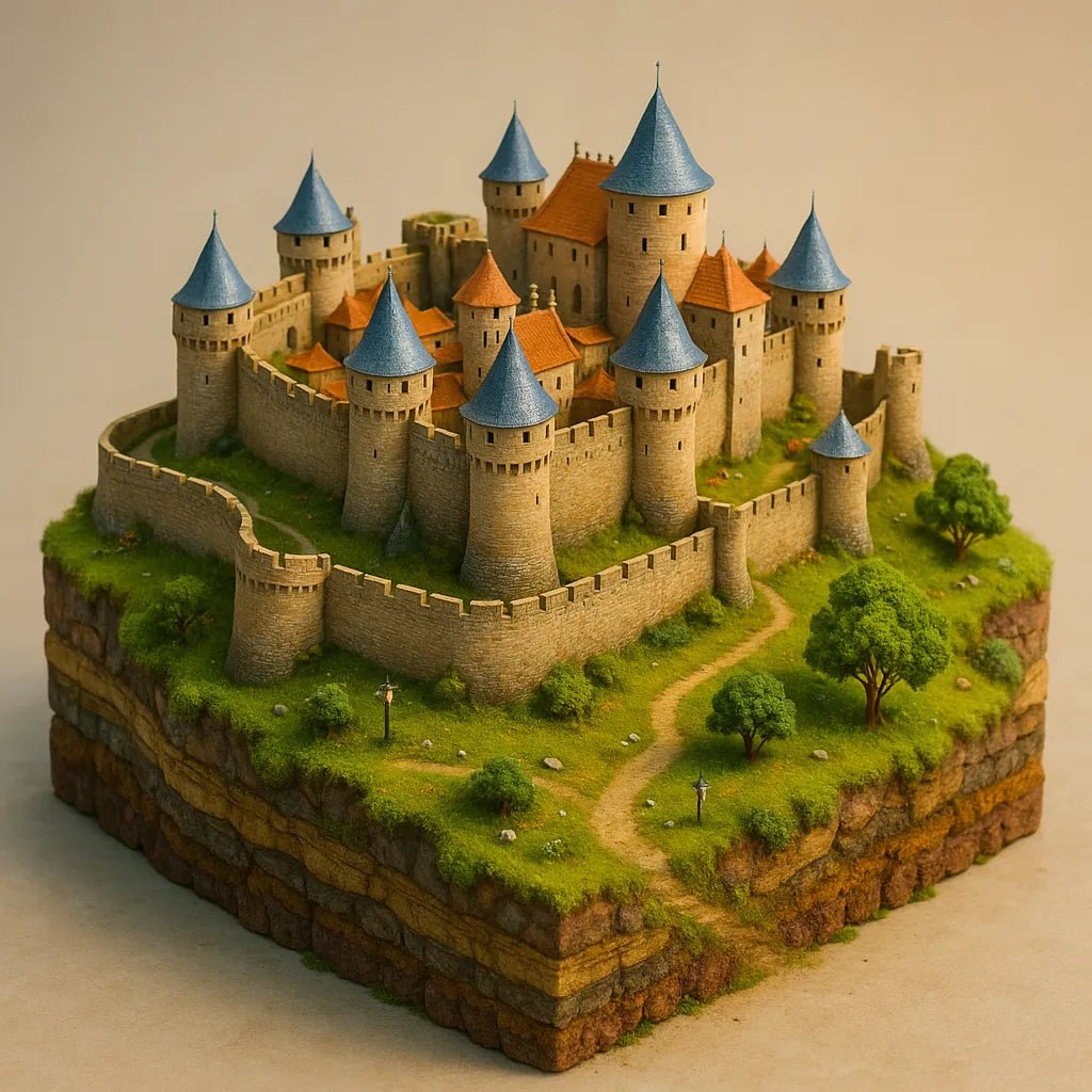 Example output of bright 3D realistic diorama building render generated by a ChatGPT prompt template, showcasing colorful miniature architectural scene: Medieval Fortress.