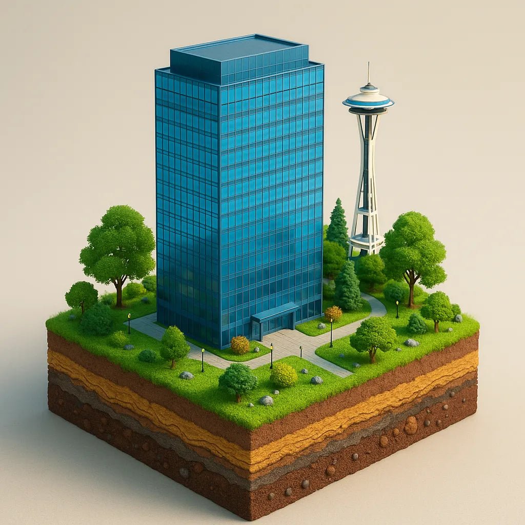 Example output of bright 3D realistic diorama building render generated by a ChatGPT prompt template, showcasing colorful miniature architectural scene: Modern Glass Office Tower.
