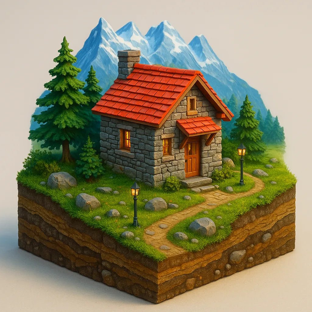 Example output of bright 3D realistic diorama building render generated by a ChatGPT prompt template, showcasing colorful miniature architectural scene: Stone Mountain Cabin.