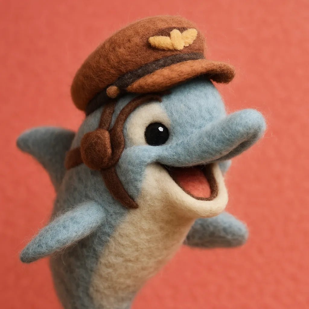 Example output from the Charming Wool Felt Animal Portraits ChatGPT prompt: Dolphin.