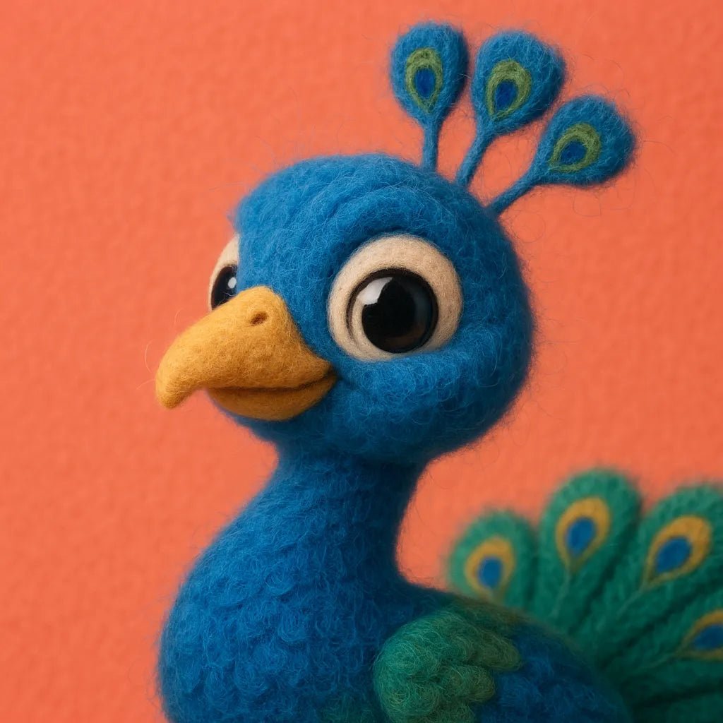 Example output from the Charming Wool Felt Animal Portraits ChatGPT prompt: Peacock.