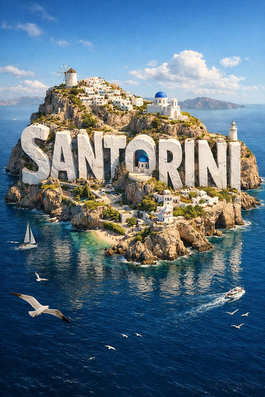Example output from the Cinematic 3D Island Travel Poster ChatGPT prompt: Santorini