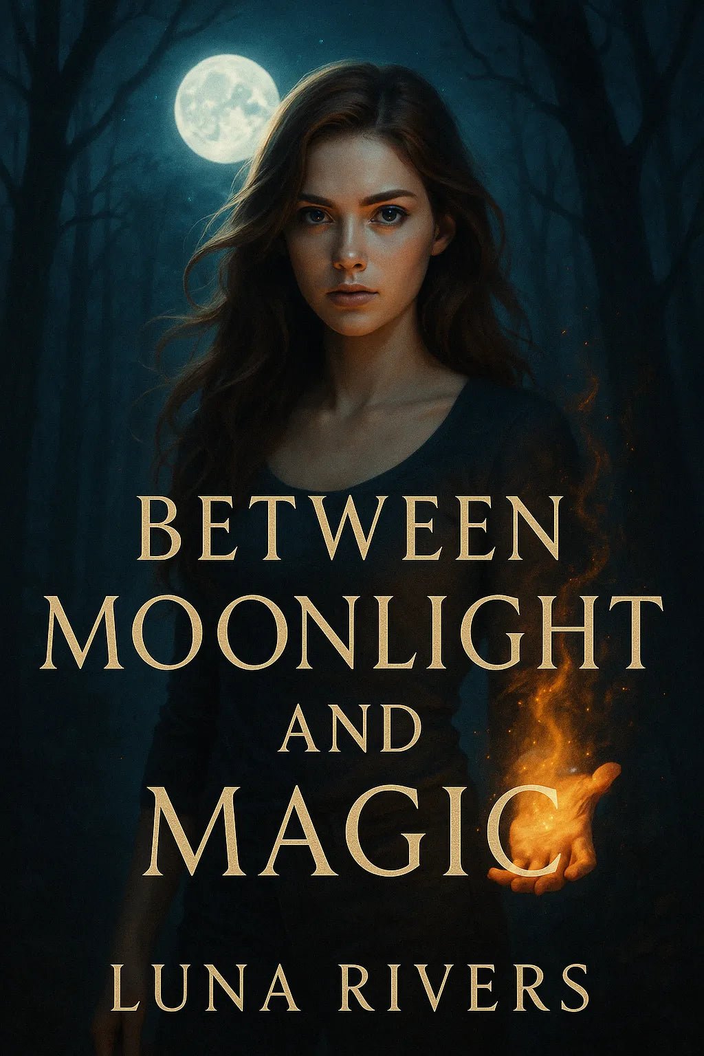 Example output from the Cinematic Book Covers ChatGPT prompt: photorealistic book covers in portrait format. Between Moonlight and Magic.