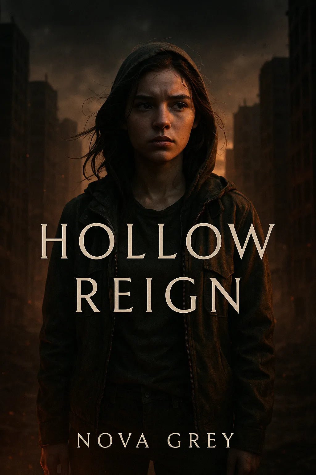 Example output from the Cinematic Book Covers ChatGPT prompt: photorealistic book covers in portrait format. Hollow Reign.