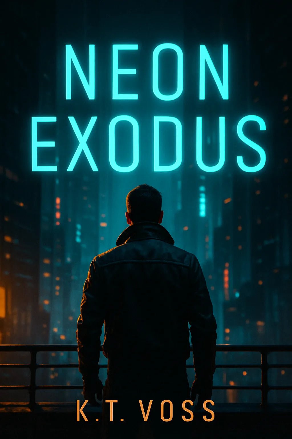 Example output from the Cinematic Book Covers ChatGPT prompt: photorealistic book covers in portrait format. Neon Exodus.