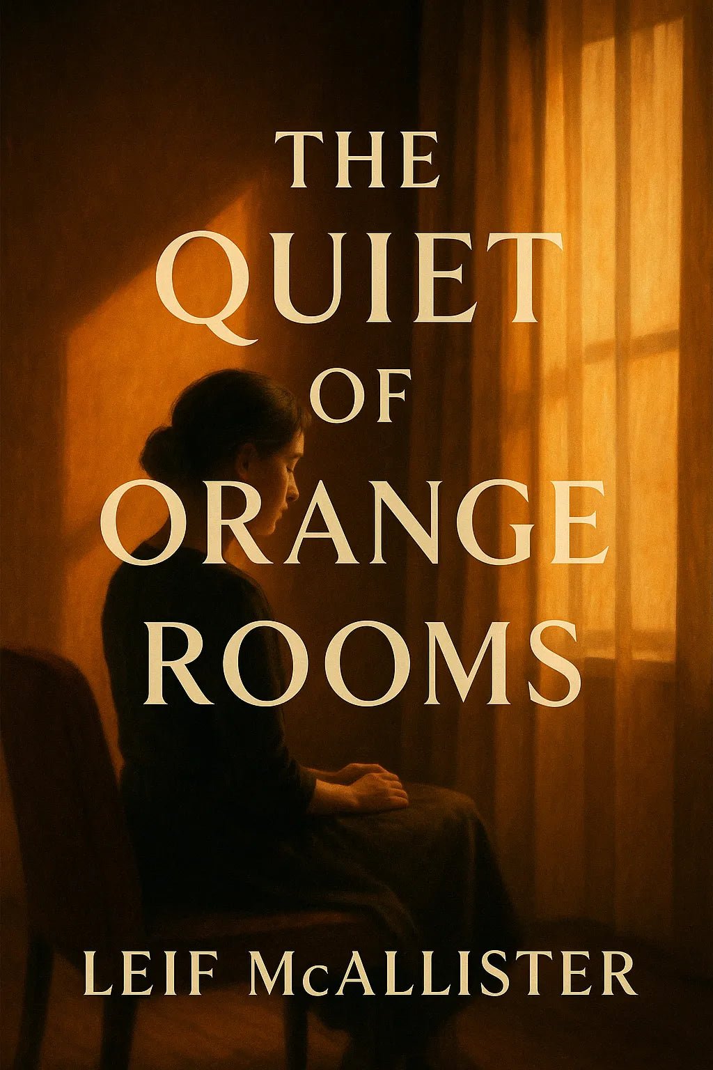 Example output from the Cinematic Book Covers ChatGPT prompt: photorealistic book covers in portrait format. The Quiet of Orange Rooms.