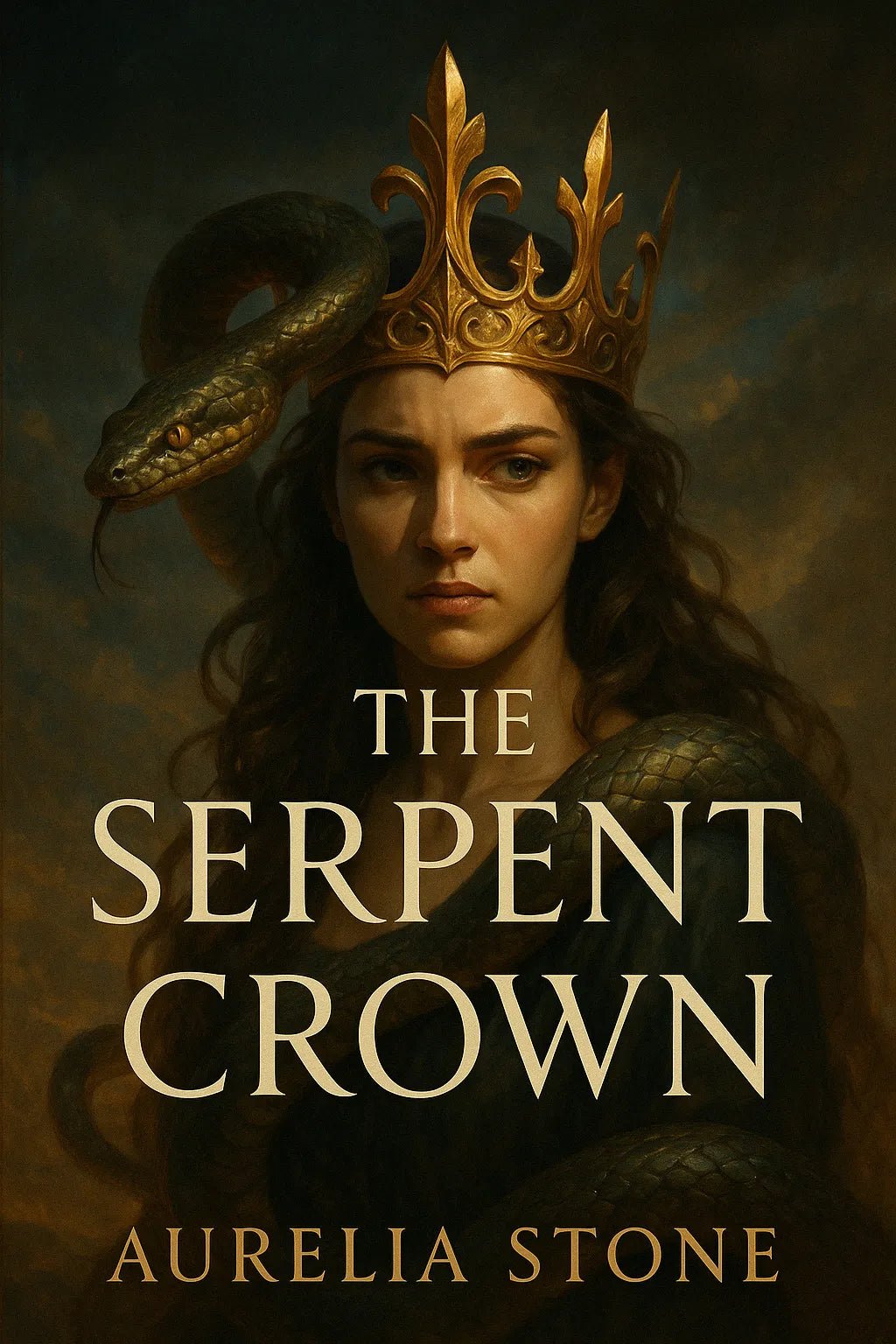 Example output from the Cinematic Book Covers ChatGPT prompt: photorealistic book covers in portrait format. The Serpent Crown.