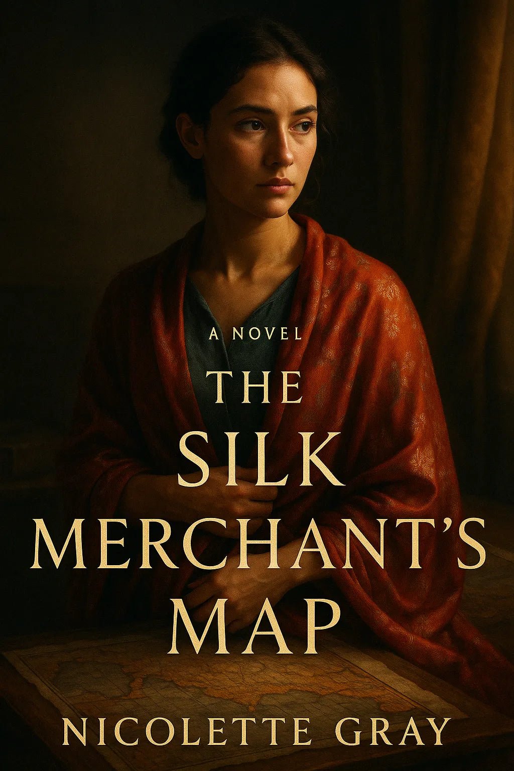 Example output from the Cinematic Book Covers ChatGPT prompt: photorealistic book covers in portrait format. The Silk Merchant's Map.
