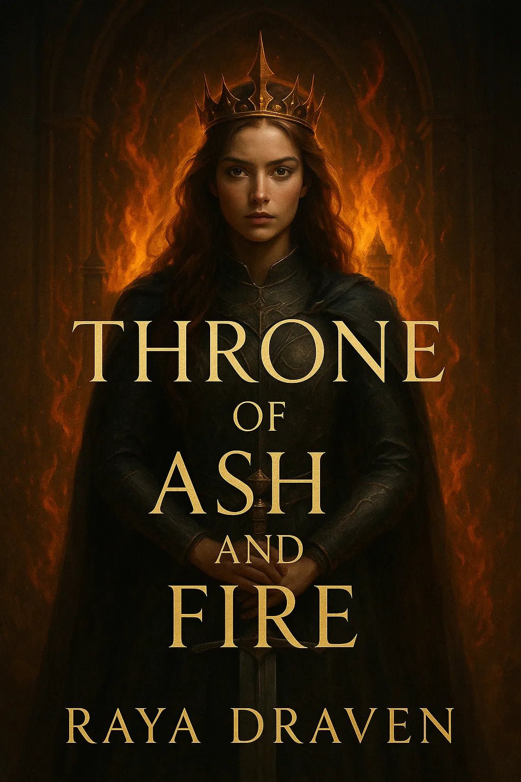 Example output from the Cinematic Book Covers ChatGPT prompt: photorealistic book covers in portrait format. Throne of Ash and Fire.