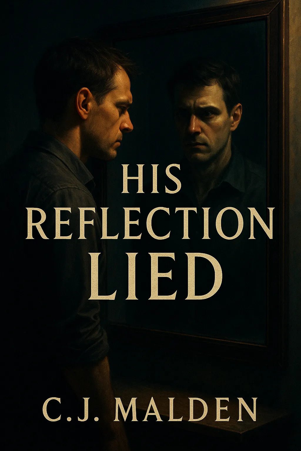 Example output from the Cinematic Book Covers ChatGPT prompt: photorealistic book covers in portrait format. His Reflection Lied.