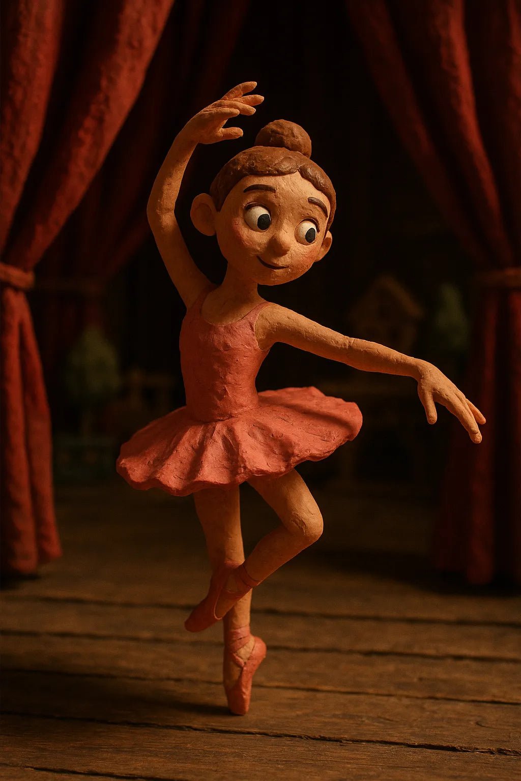 Example output from the Cinematic Claymation Portraits ChatGPT prompt: handcrafted clay characters in stop-motion style, featuring photoreal textures, expressive lighting, and cinematic portrait scenes with customizable personalities. Ballet.