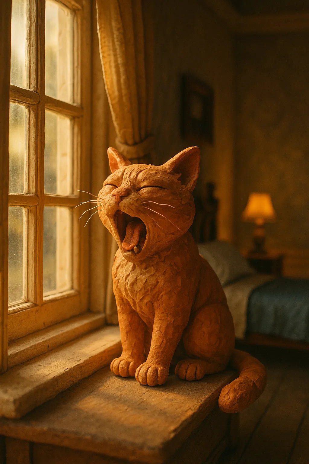 Example output from the Cinematic Claymation Portraits ChatGPT prompt: handcrafted clay characters in stop-motion style, featuring photoreal textures, expressive lighting, and cinematic portrait scenes with customizable personalities. Cat.