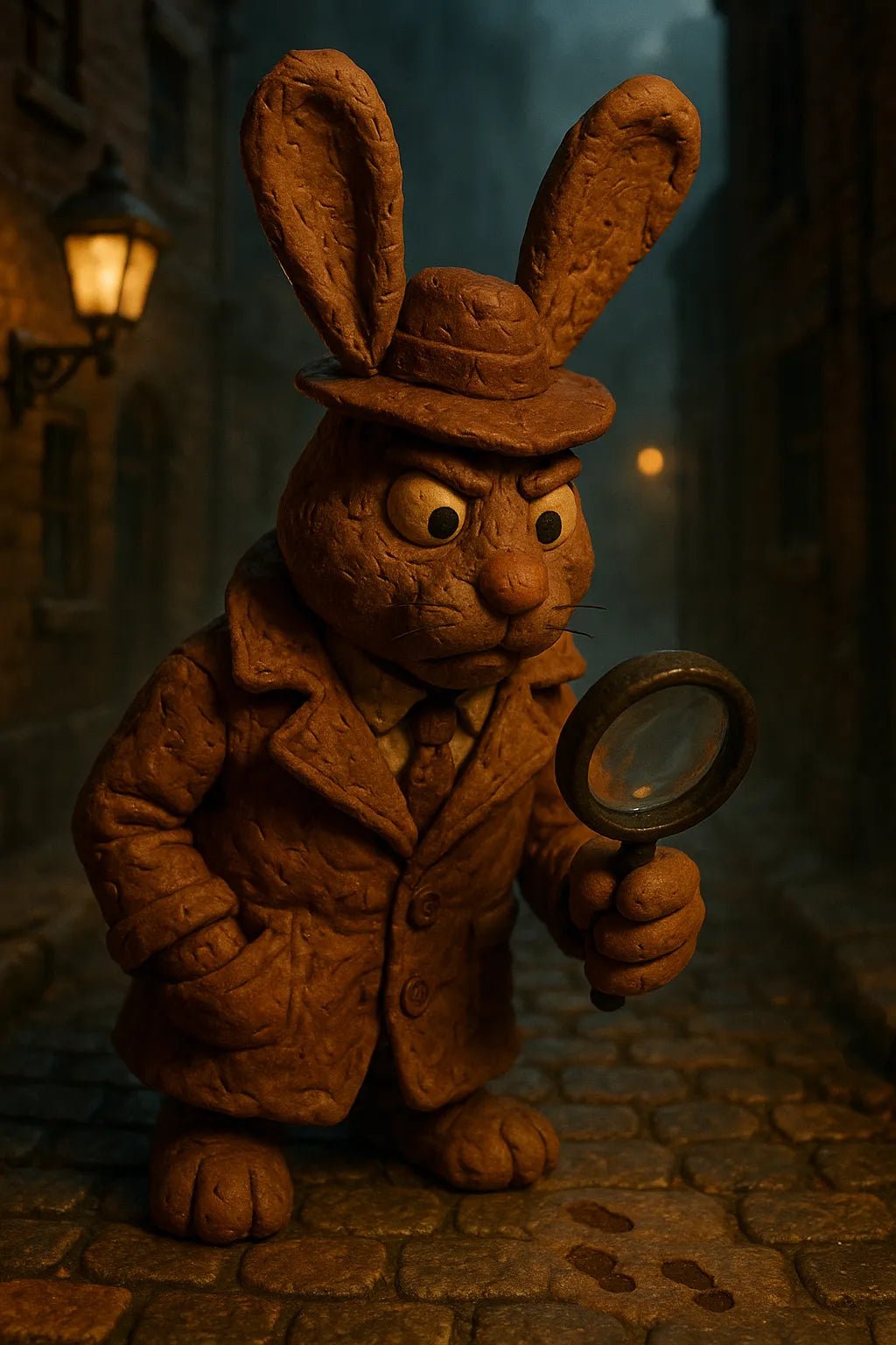 Example output from the Cinematic Claymation Portraits ChatGPT prompt: handcrafted clay characters in stop-motion style, featuring photoreal textures, expressive lighting, and cinematic portrait scenes with customizable personalities. Inspector Bunny.