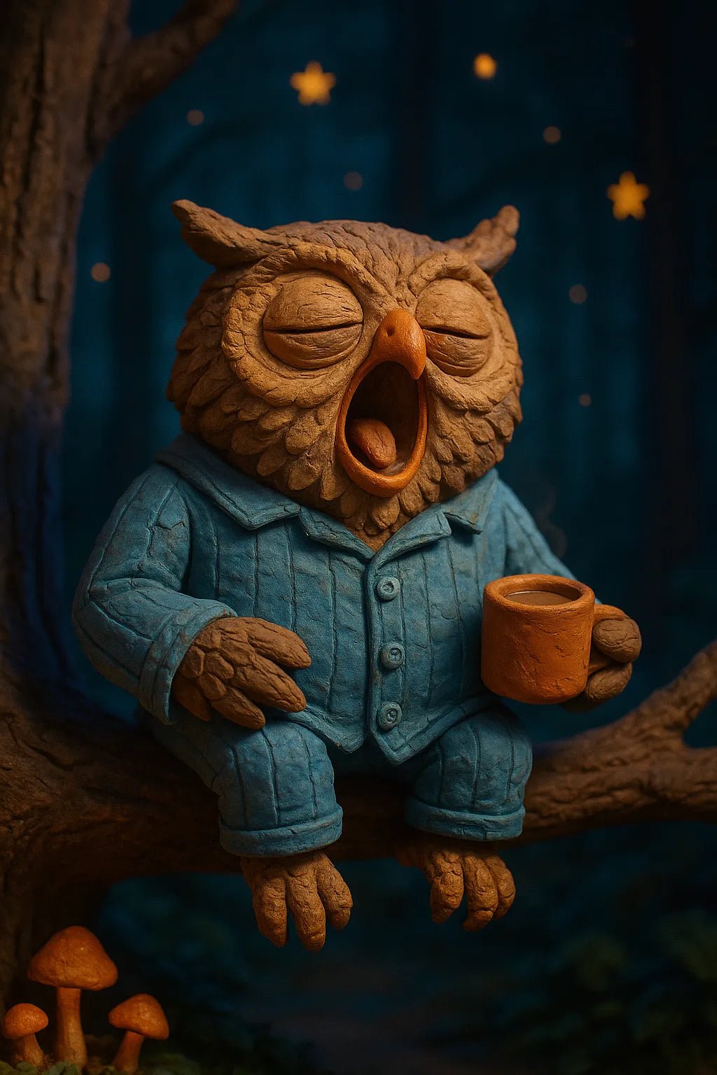 Example output from the Cinematic Claymation Portraits ChatGPT prompt: handcrafted clay characters in stop-motion style, featuring photoreal textures, expressive lighting, and cinematic portrait scenes with customizable personalities. Owl.