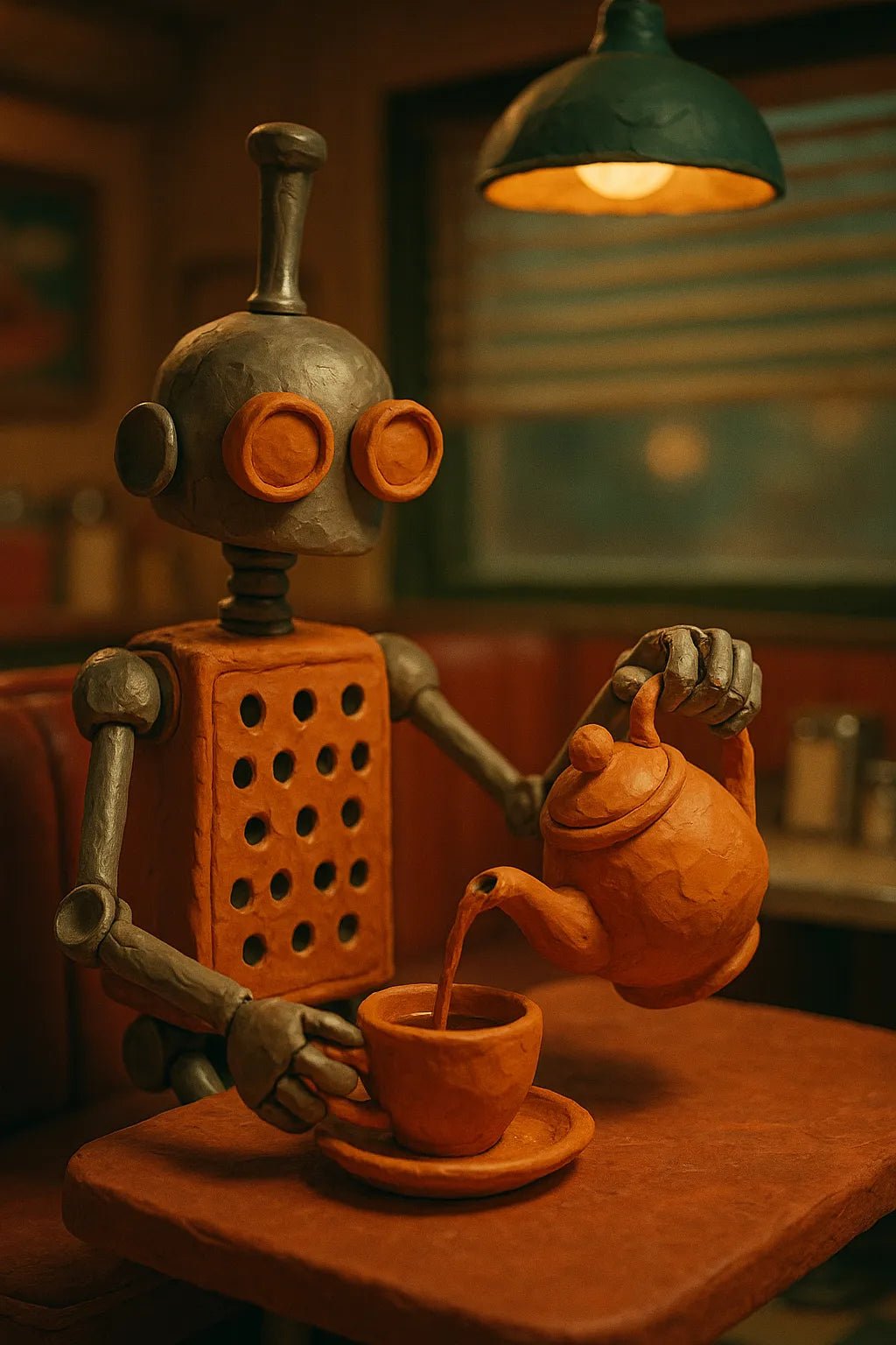 Example output from the Cinematic Claymation Portraits ChatGPT prompt: handcrafted clay characters in stop-motion style, featuring photoreal textures, expressive lighting, and cinematic portrait scenes with customizable personalities. Robot.