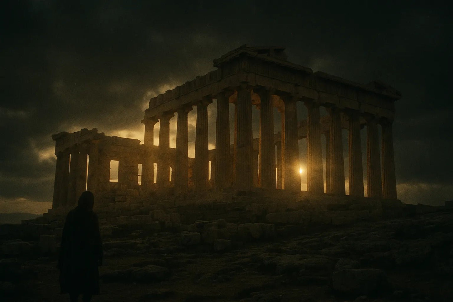 Example output from the Cinematic Landscape Scenes ChatGPT prompt: dramatic location-based landscapes with silhouette figures, featuring moody skies, cinematic lighting, and rich atmospheric tones for storytelling visuals. Acropolis.