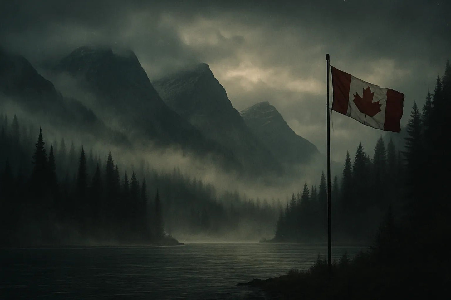 Example output from the Cinematic Landscape Scenes ChatGPT prompt: dramatic location-based landscapes with silhouette figures, featuring moody skies, cinematic lighting, and rich atmospheric tones for storytelling visuals. Canada.