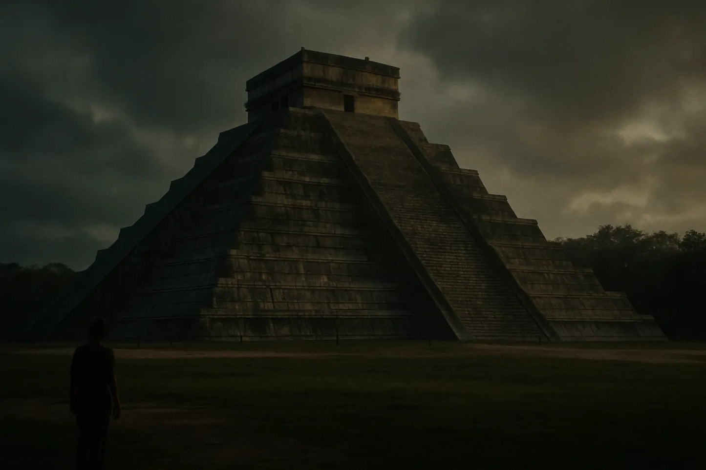 Example output from the Cinematic Landscape Scenes ChatGPT prompt: dramatic location-based landscapes with silhouette figures, featuring moody skies, cinematic lighting, and rich atmospheric tones for storytelling visuals. Chichen Itza.