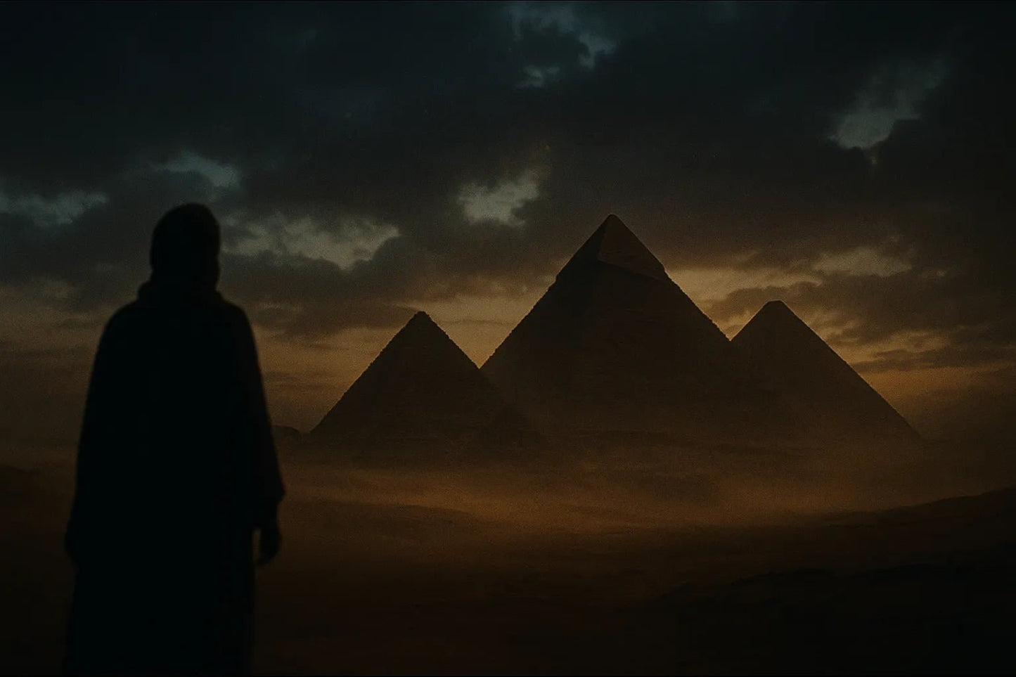 Example output from the Cinematic Landscape Scenes ChatGPT prompt: dramatic location-based landscapes with silhouette figures, featuring moody skies, cinematic lighting, and rich atmospheric tones for storytelling visuals. Egypt.
