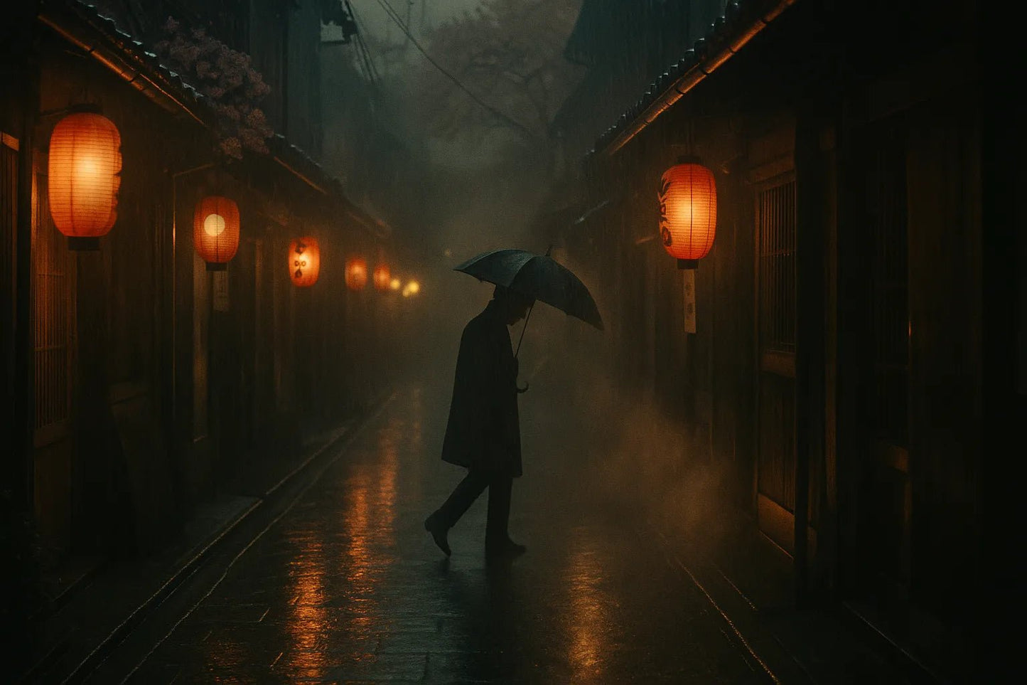 Example output from the Cinematic Landscape Scenes ChatGPT prompt: dramatic location-based landscapes with silhouette figures, featuring moody skies, cinematic lighting, and rich atmospheric tones for storytelling visuals. Japan.