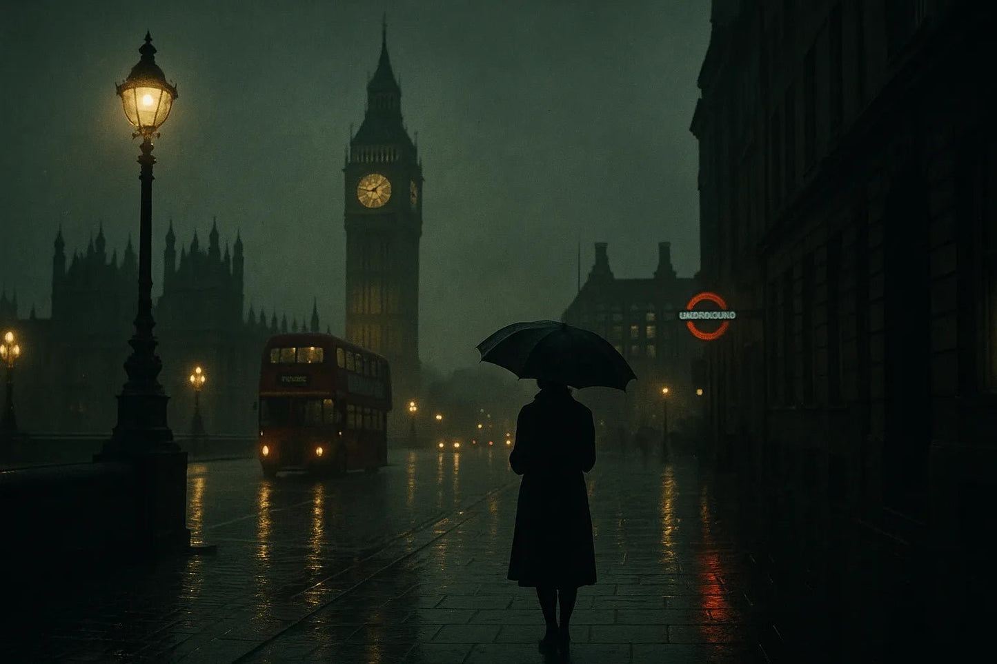 Example output from the Cinematic Landscape Scenes ChatGPT prompt: dramatic location-based landscapes with silhouette figures, featuring moody skies, cinematic lighting, and rich atmospheric tones for storytelling visuals. London.