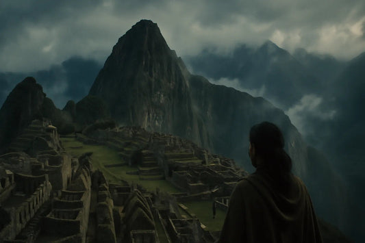 Example output from the Cinematic Landscape Scenes ChatGPT prompt: dramatic location-based landscapes with silhouette figures, featuring moody skies, cinematic lighting, and rich atmospheric tones for storytelling visuals. Machu Picchu.
