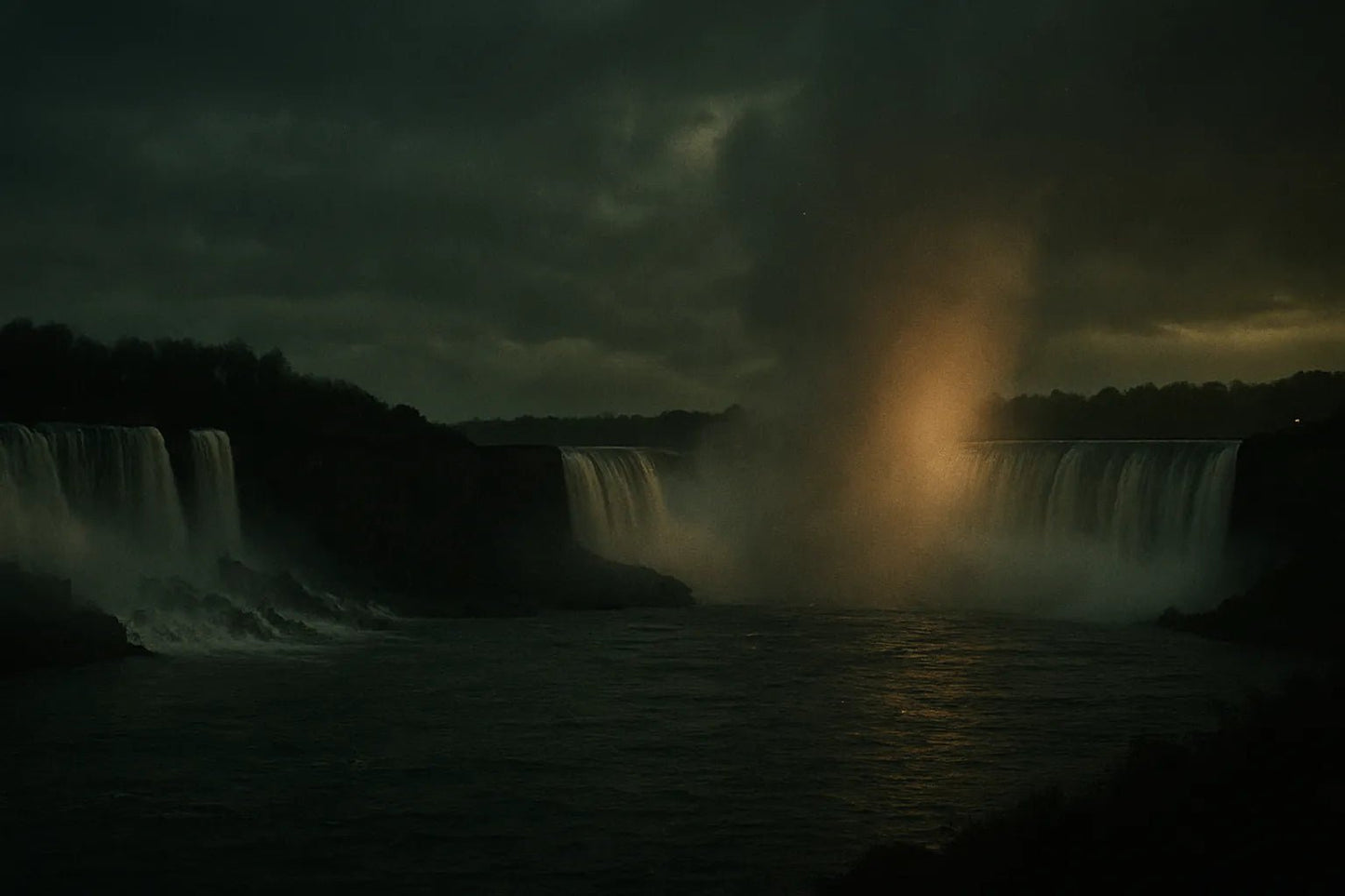 Example output from the Cinematic Landscape Scenes ChatGPT prompt: dramatic location-based landscapes with silhouette figures, featuring moody skies, cinematic lighting, and rich atmospheric tones for storytelling visuals. Niagara Falls.